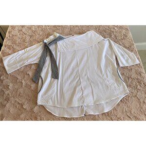 IC by Connie K Womens XL White Wide Collar Black Gingham Trim Buttons